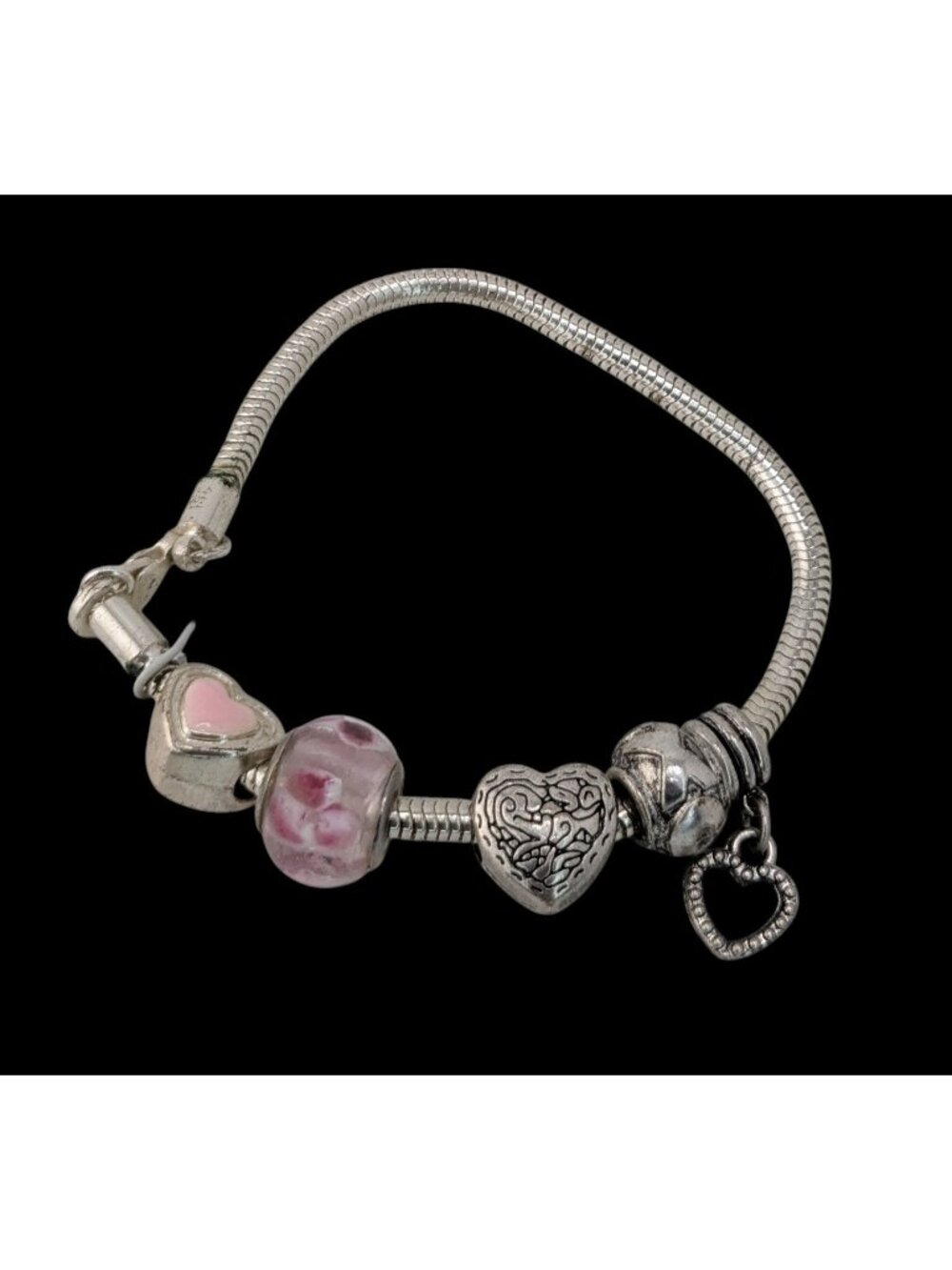 Coquette Romantic Girly Heart Charm Pink Beaded Snake Chain Bracelet